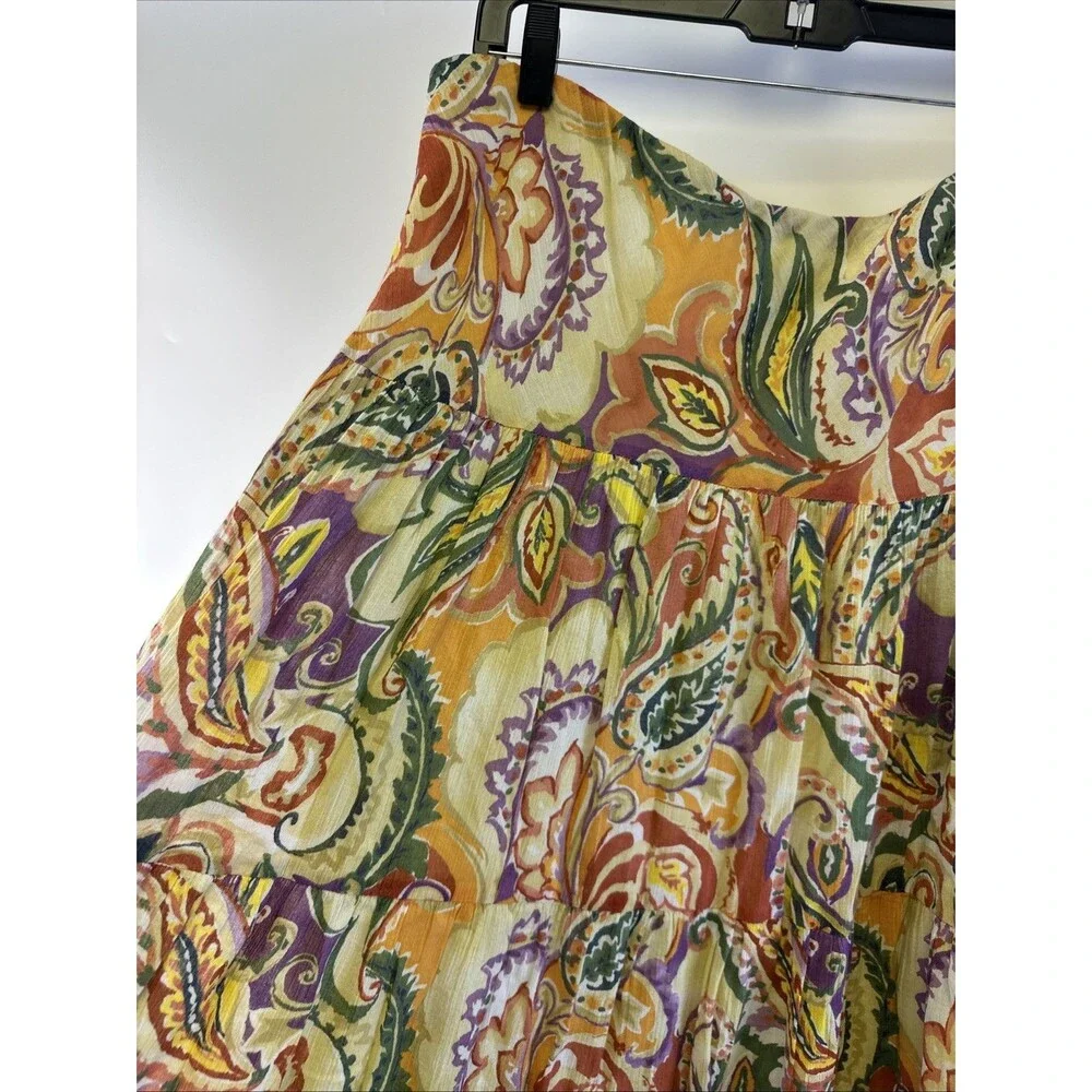 Chaps Maxi Skirt Multicolored Floral Paisley Tiered Cotton Elastic Boho Women XL